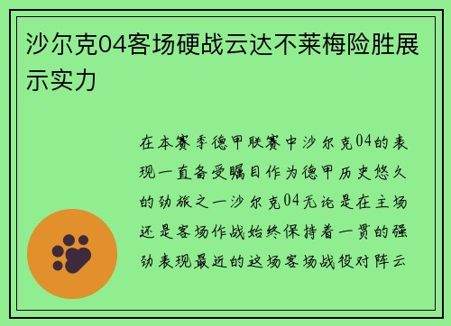 沙尔克04客场硬战云达不莱梅险胜展示实力